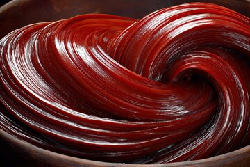 Twisted, glossy, viscous red paste swirling in a wooden bowl