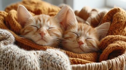 Two ginger kittens rest peacefully nestled within soft, warm knitted blankets inside a woven container