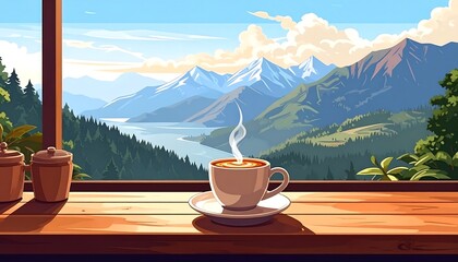 Illustration of a steaming coffee cup on a wooden windowsill overlooking mountains, a lake, and lush greenery in a landscape