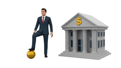 Businessman with foot on gold sphere near bank building
