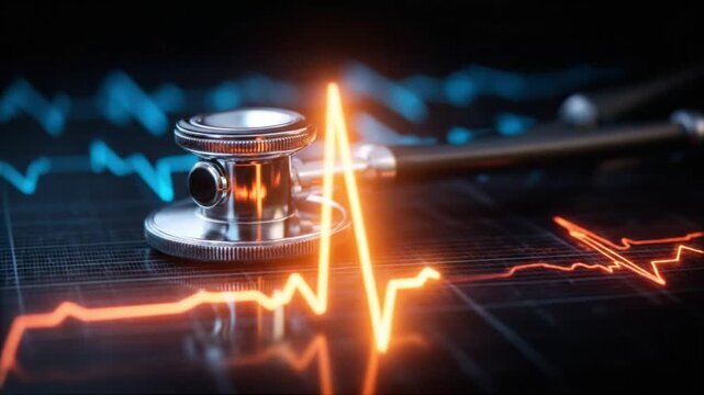 Stethoscope rests on a glossy surface as a glowing orange ECG trace snakes nearby. under blue glow?!