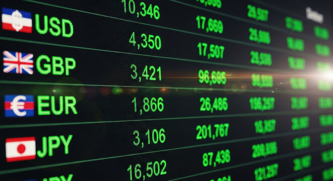 Close-up of a stock market data display featuring currency symbols, including USD, GBP, EUR, and JPY with financial figures presented on a black screen. - Powered by Adobe