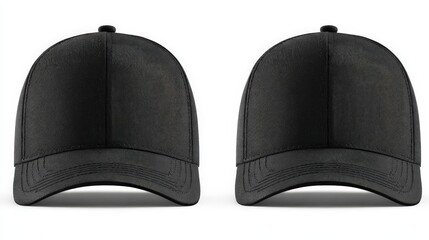 Two identical plain black baseball caps displayed side by side on a white background