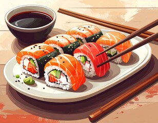 Illustration of a sushi platter with salmon rolls, seaweed, and dipping sauce. Chopsticks reach for a piece. Wooden surface