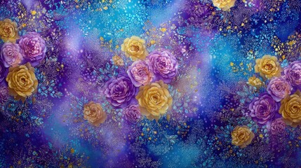 Elaborate floral arrangement showcases rich purple and golden roses against a sparkling cosmic blue background