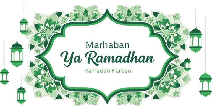 Marhaban Ya Ramadhan Greeting Card with Blue Islamic Patterns and Lanterns