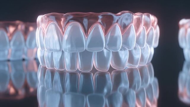 Transparent dental model shows upper and lower teeth with pink gums on a glossy surface. and arches