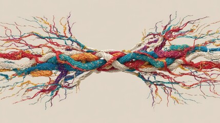 Intertwined colorful threads create a complex, fibrous central connection against a plain background