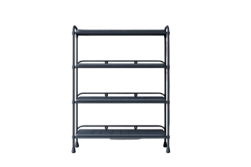 Four-tier dark grey metal shelving unit, minimal design
