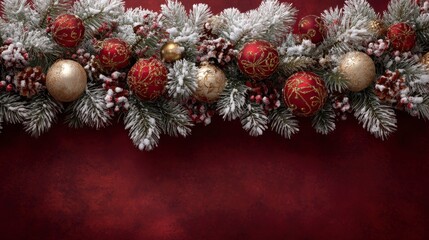 Festive garland featuring snow-dusted evergreen branches, embellished with red and gold ornaments, and pinecones, set on a dark red textured background
