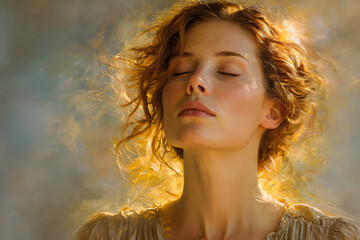 Woman enjoying distance energy healing treatment. Connection to higher self, guided meditation, spiritual awakening concept