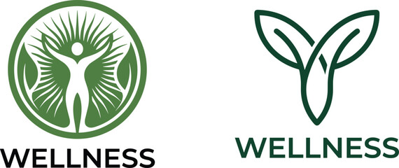 Wellness logo set with human vitality symbol and sprouting leaf mark for holistic health, growth, balance, and sustainable lifestyle brands
