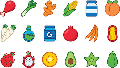 Healthy food flat icon set, fruits vegetables protein, vitamins supplements, organic nutrition, clean eating lifestyle, colorful vector illustration