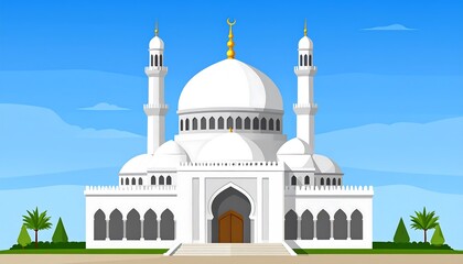 Illustration of a white mosque with two minarets and a central dome against a clear blue sky