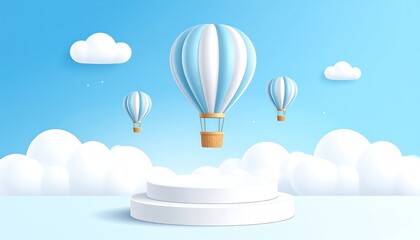 Illustration of a white podium with pastel blue and white hot air balloons floating in a soft blue sky among fluffy clouds