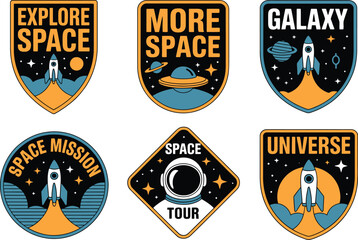 Colorful space themed patches with rockets and planets