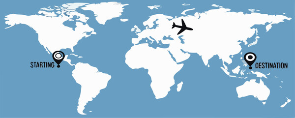 World Map with Airplane Route Vector Illustration &ndash; Global Travel, Flight Path, International Journey, and Transportation Concept