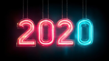 Neon 2020 hangs from chains against a black background. Numbers are red and blue, glowing, with a festive holiday feel