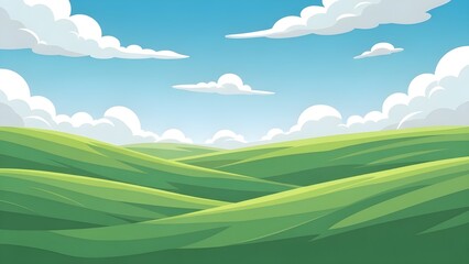 Obraz premium Vibrant cartoon illustration of rolling green hills under a bright blue sky with fluffy white clouds. Minimalist nature landscape background.