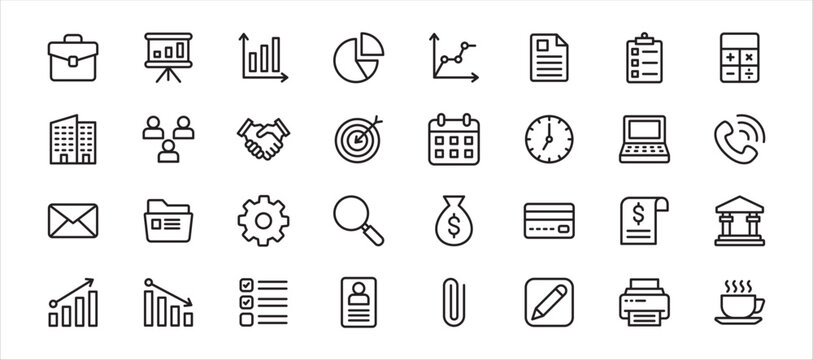 Business and office icon set in thin line design. Contains icon symbol of briefcase, chart, presentation board, handshake, calculator, target, folder, teamwork, management. Vector illustration.
