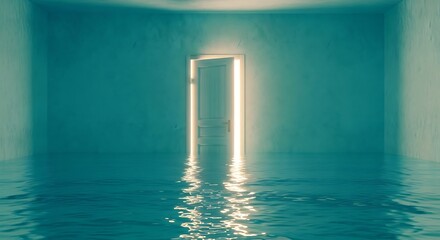 Glowing doorway in water representing opportunity transition and new beginning concept
