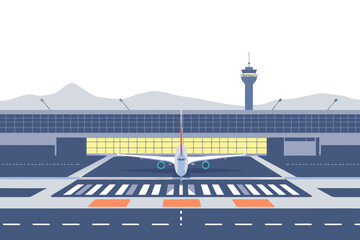 Airport Runway with Airplane Vector Illustration &ndash; Aviation Travel, Transportation Infrastructure, and Flight Departure Concept 