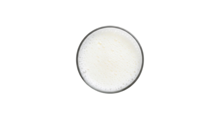 A photorealistic overhead shot of a clear modern tumbler with a creamy, frothy white beverage and delicate bubbles, on a seamless transparent background. Concept of wholesome refreshment and purity