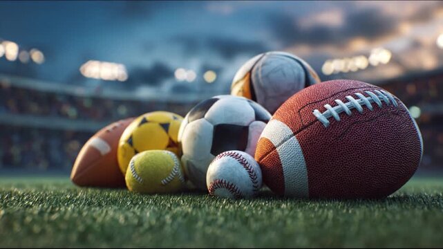 A cluster of sports balls   - football,  basketball, soccer, tennis, golf - rests on a grassy field