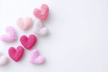 Fototapeta premium Minimal Crochet Valentine Hearts With Copy Space Isolated On White Handmade Style