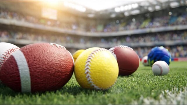 Stadium lights glow on a tight lineup- of sports balls resting on green grass, inviting vibrant play