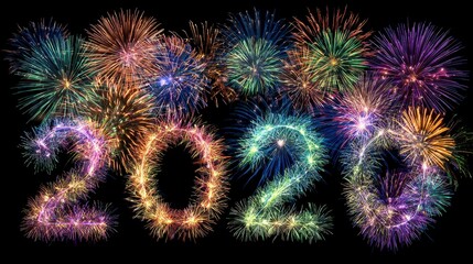 Colorful fireworks form the number "2020" against a solid black backdrop. Each digit explodes with a luminous, festive design