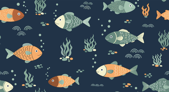 A charming seamless pattern of cute cartoon fish swimming among seaweed and pebbles on a dark blue underwater background vector.