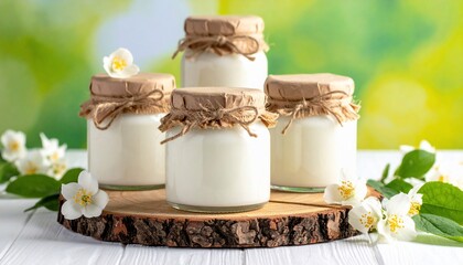 Jars of creamy white food with paper lids, twine, and flowers on a wooden surface