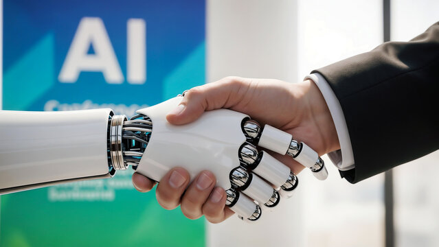 Human and robot handshake at AI conference &ndash; symbol of human-machine partnership