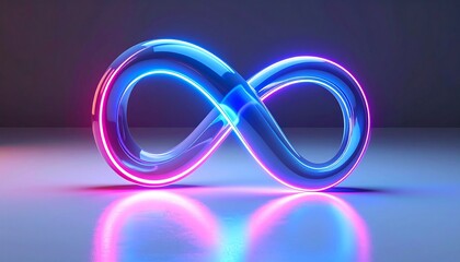 A glossy infinity symbol glows with neon pink and blue. Reflections on a smooth surface