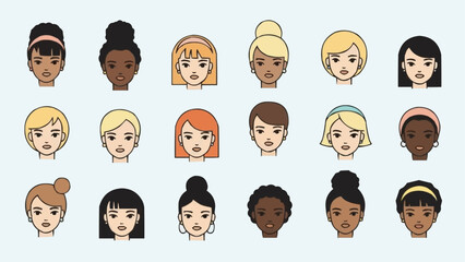 Diverse Collection of Womens Faces with Various Hairstyles and Skin Tones.