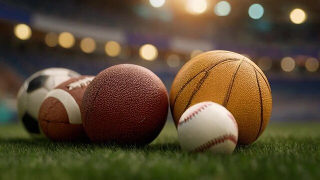 A row of diverse sports balls resting on a grassy field with stadium lights softly glowing. at dusk