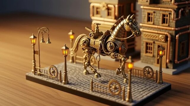 Steampunk Mechanical Horse Walking Through Miniature Victorian City at Night