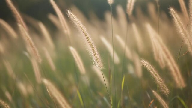 Golden field of foxtail grass swaying gently in the soft light of sunset