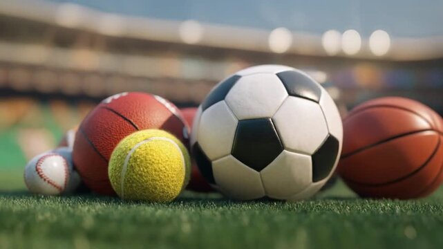 Close-up of sports balls on grass in a stadium soccer, tennis, baseball, and basketball. at dusk...