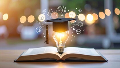 Lightbulb with mortarboard on open book, surrounded by illustrated concepts