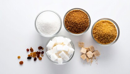 Overhead view of sugar and dried fruit variations in glass bowls, white surface