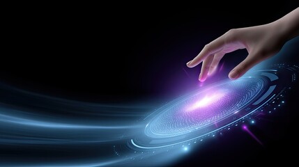 Touch of Light: A Hand Reaching for a Cosmic Energy Sphere in a Dark Interstellar Space, Signifying Connection and Discovery of the Universe