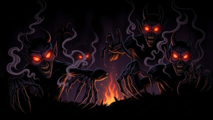 Spooky campfire scene with fiery eyed demons emerging from the shadows