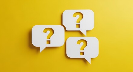 Multiple question mark speech bubbles on yellow background representing discussion and inquiry
