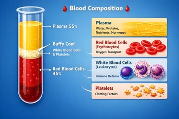 Cross Section Vector of Human Blood Composition, Plasma,Red and White Cells Education Illustration 