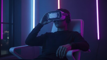 Individual interacts with glowing virtual reality headset while seated in illuminated room