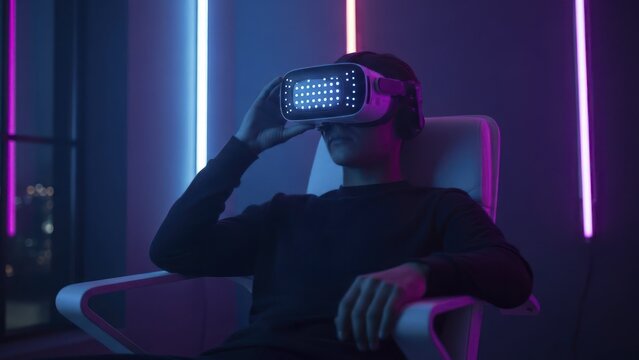Individual interacts with glowing virtual reality headset while seated in illuminated room - Powered by Adobe