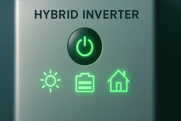 Hybrid inverter with glowing power button and icons representing renewable energy technology for home power project work and engineering sector inspection
