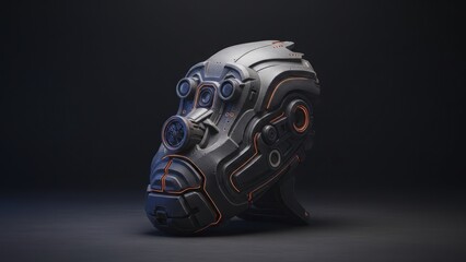 Futuristic headgear features intricate mechanical details with glowing accents against a dark backdrop